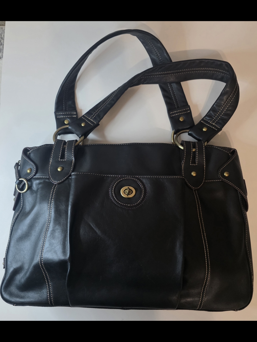 Franklin Covey High-quality Black Leather Tote Bag with Turn-Lock Detail